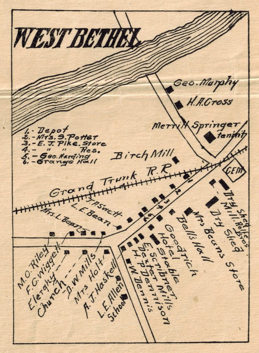 Maine Genealogy Archives Map of West Bethel, c. 1911